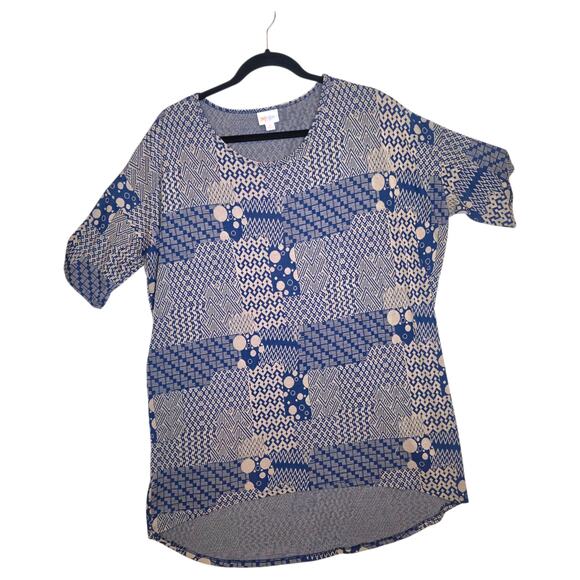 LuLaRoe Irma Tunic Med Blue Beige Jacquard Geometric Patchwork High Low Top - Picture 1 of 8